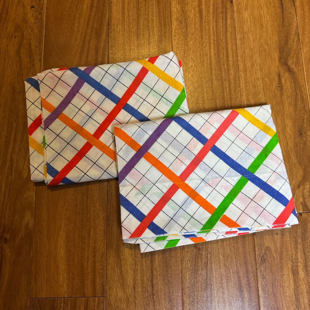 Vintage Morgan Jones Rainbow Grid Plaid Standard Pillowcase Set of 2 No Iron MCM
